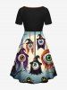 Plus Size Wizard Eye Tree Pumpkin Moon Print Halloween Cinched A Line Dress -  