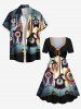Plus Size Wizard Eye Tree Pumpkin Moon Print Halloween Cinched A Line Dress -  