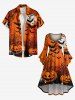 Plus Size Pumpkin Spider Web Bat Moon Print Halloween Button Pocket Shirt For Men -  