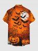 Plus Size Pumpkin Spider Web Bat Moon Print Halloween Button Pocket Shirt For Men -  