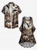 Plus Size Halloween Pumpkin Bat Tree Castle Print Ruched High Low Flare Sleeves Dress -  