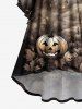 Plus Size Halloween Pumpkin Bat Tree Castle Print Ruched High Low Flare Sleeves Dress -  