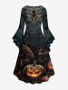 Plus Size Halloween Pumpkin Bat Floral Pattern Print Ruched Flare Sleeves High Low Dress -  