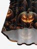 Plus Size Halloween Pumpkin Bat Floral Pattern Print Ruched Flare Sleeves High Low Dress -  