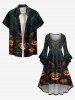 Plus Size Halloween Pumpkin Bat Floral Pattern Print Ruched Flare Sleeves High Low Dress -  