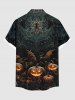Plus Size Halloween Pumpkin Bat Floral Pattern Print Buttons Pocket Shirt For Men -  