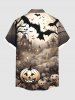 Plus Size Halloween Pumpkin Bat Tree Castle Print Buttons Pocket Shirt For Men -  