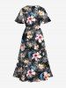 Plus Size Hibiscus Flowers Leaf Print Split Hawaii Midi Dress -  