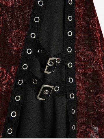 Plus Size Rose Flower Printed Crossover Bust Buckle Grommet Split Ribbed Layered Tank Top