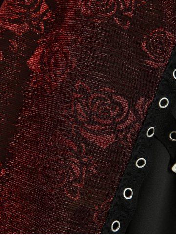 Plus Size Rose Flower Printed Crossover Bust Buckle Grommet Split Ribbed Layered Tank Top