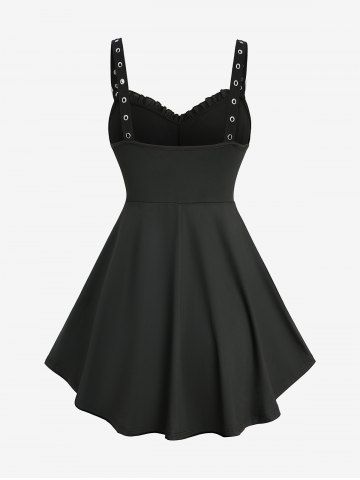 Plus Size Rose Flower Printed Crossover Bust Buckle Grommet Split Ribbed Layered Tank Top