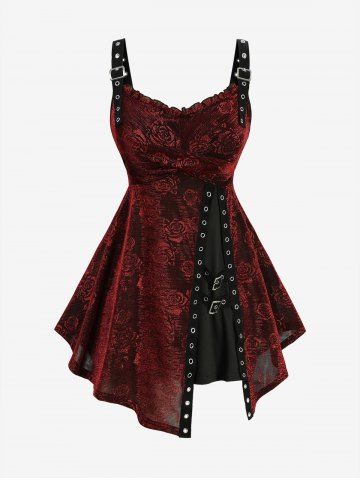 Plus Size Rose Flower Printed Crossover Bust Buckle Grommet Split Ribbed Layered Tank Top - DEEP RED - 1X | US 14-16