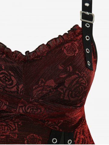 Plus Size Rose Flower Printed Crossover Bust Buckle Grommet Split Ribbed Layered Tank Top
