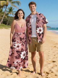 Flower Leaf Branch Print Plus Size Matching Hawaii Beach Outfit For Couples -  