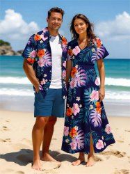 Tropical Leaf Hibiscus Flower Print Plus Size Matching Hawaii Beach Outfit For Couples -  