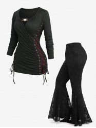 Tenue grande taille avec haut à lacets en résille et pantalon évasé en patchwork de dentelle florale - Noir 