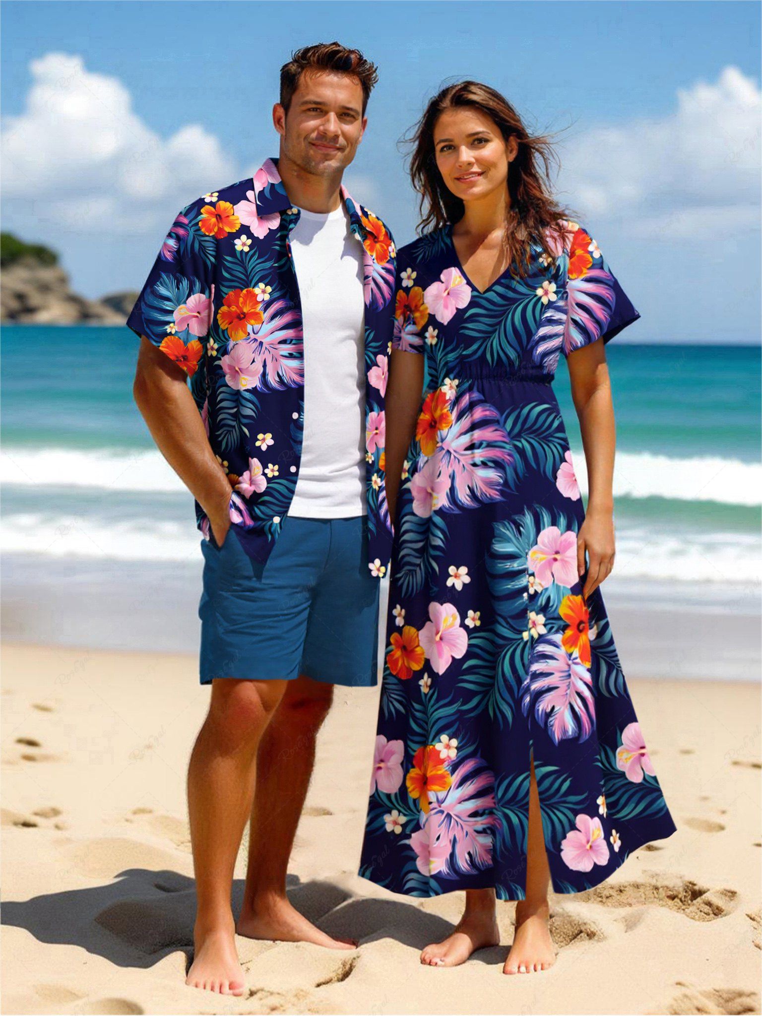 Online Tropical Leaf Hibiscus Flower Print Plus Size Matching Hawaii Beach Outfit For Couples  