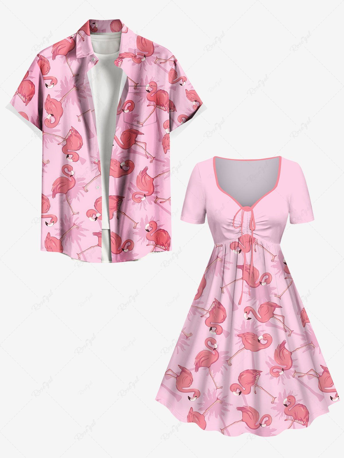 Fancy Flamingo Coconut Tree Print Plus Size Matching Hawaii Beach Outfit For Couples  