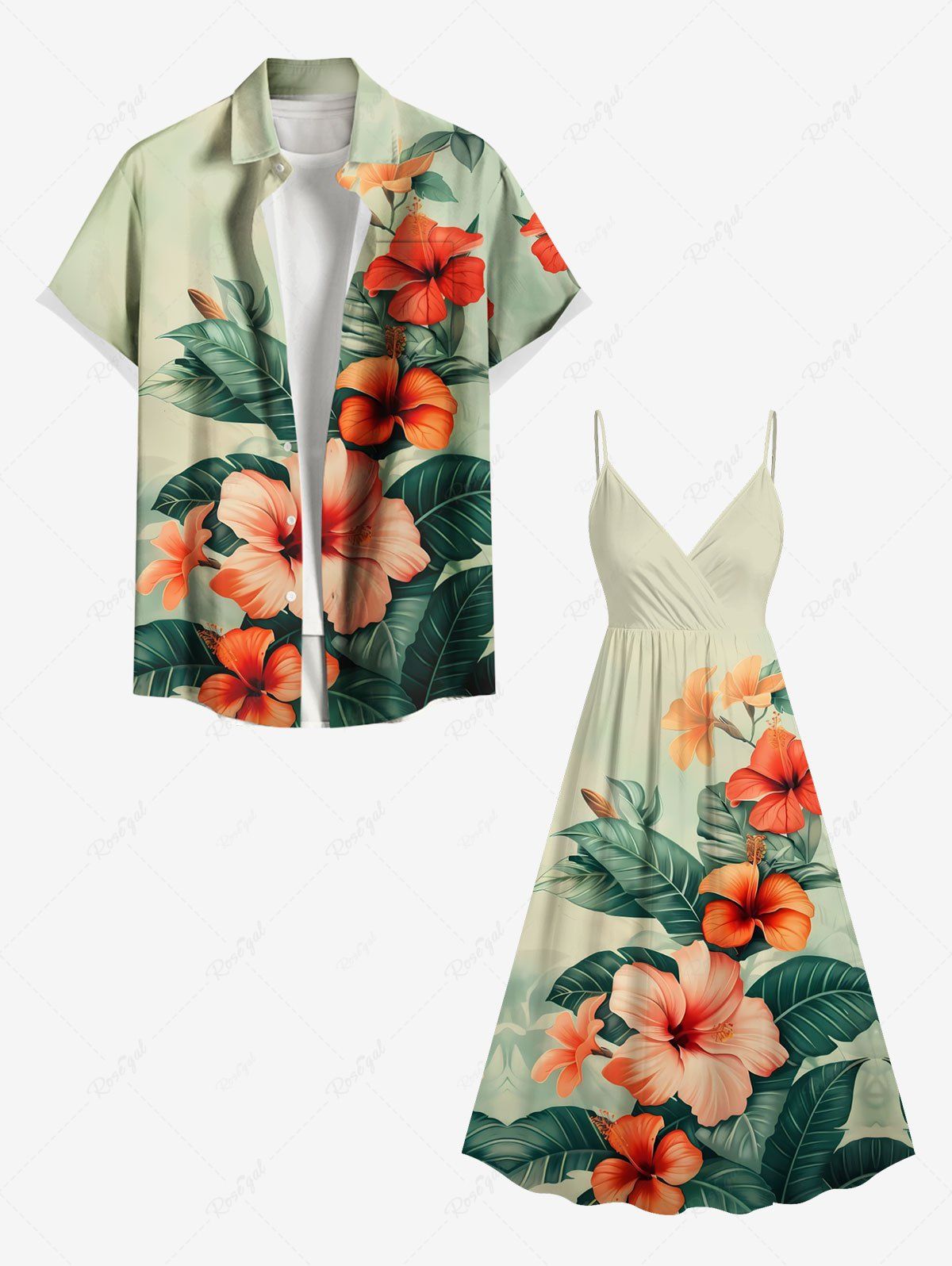 Buy Hibiscus Flowers Leaf Tropical Print Plus Size Matching Hawaii Beach Outfit For Couples  