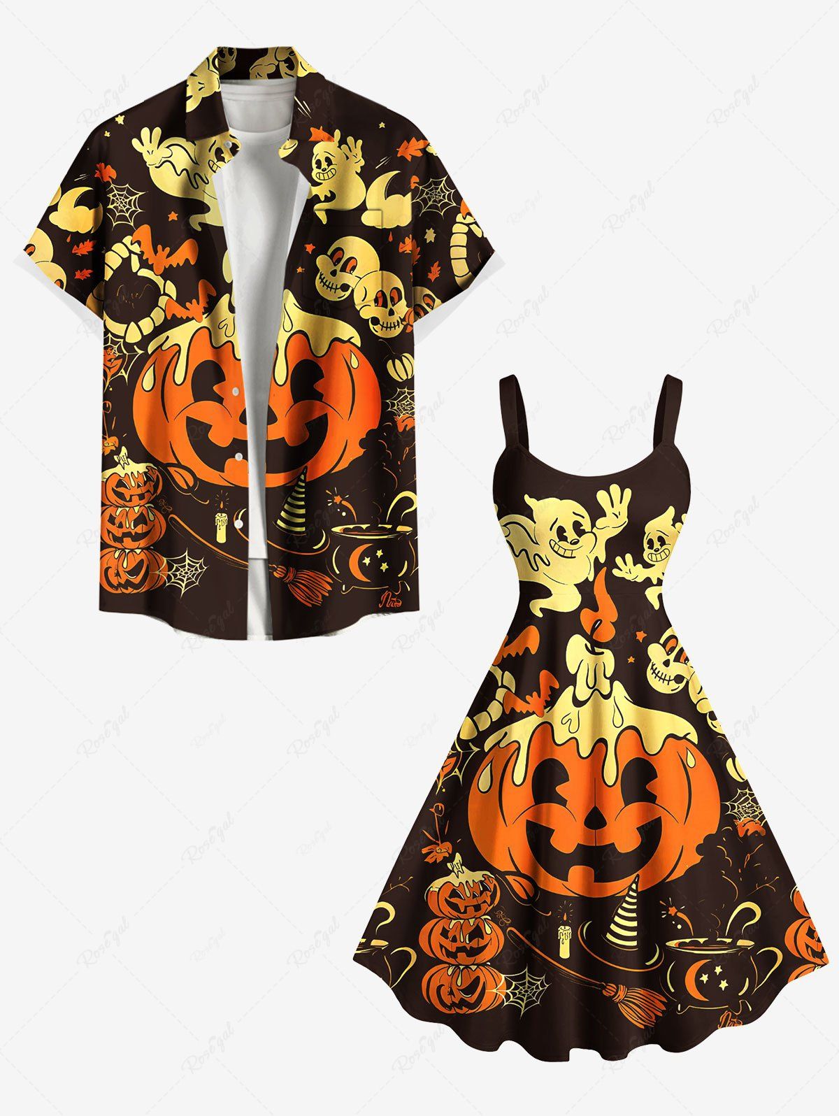 Tenue d'Halloween grande taille assortie pour couples, motif citrouille, chauve-souris, crâne, fantôme Noir 