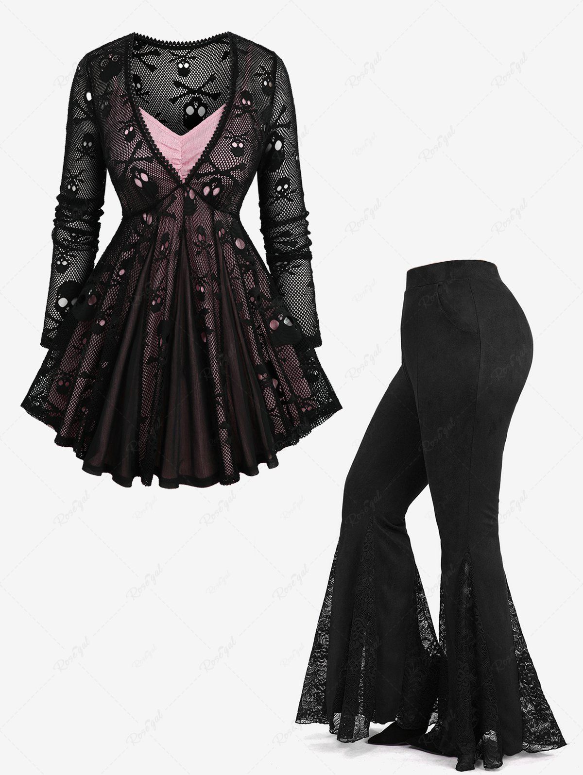 Fancy Marled Cami Top And Skull Mesh Chiffon Top and Floral Lace Flare Pants Plus Size Outfit  