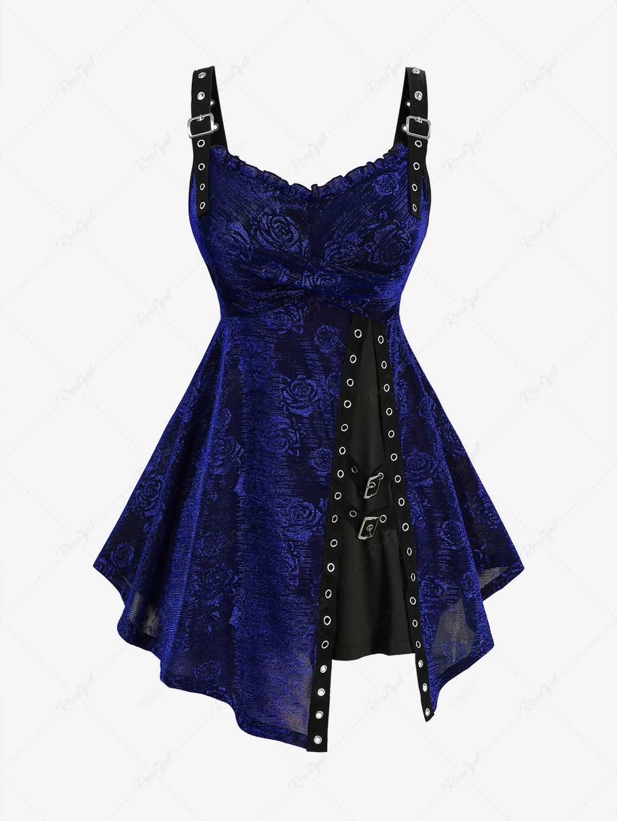 Débardeur grande taille à imprimé floral rose croisé sur la poitrine, avec boucle, œillets, côtelé et superposé Bleu Marine 5x | US 30-32