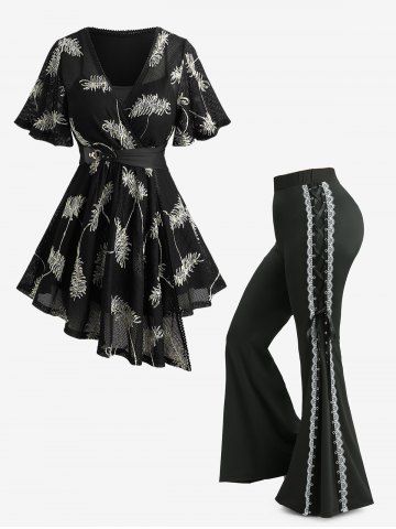 Feather Jacquard Embroidery Asymmetric Belted 2 in 1 Top and Lace Up Two Tone Flare Pants Plus Size Outfit - BLACK