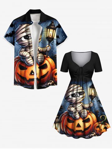 Halloween Pumpkin Bat Mummy Baby Print Plus Size Matching Outfit For Couples - BLACK