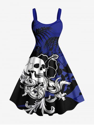 Plus Size Skull Hibiscus Flowers Tropical Leaf Print Hawaii Tank Dress - BLUE - 6X