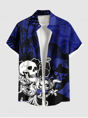 Plus Size Skull Hibiscus Flowers Tropical Leaf Print Buttons Pocket Hawaii Shirt For Men - BLUE - 5XL