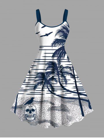 Plus Size Skull Coconut Tree Sea Waves Crow Print Hawaii Tank Dress - WHITE - 6X