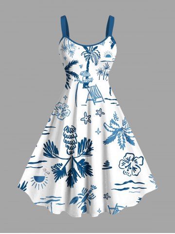Plus Size Coconut Tree Hibiscus Flowers Starfish Sun Print Hawaii Tank Dress - WHITE - 6X