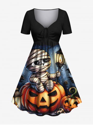 Plus Size Halloween Pumpkin Bat Mummy Baby Print Cinched Dress - BLACK - 6X