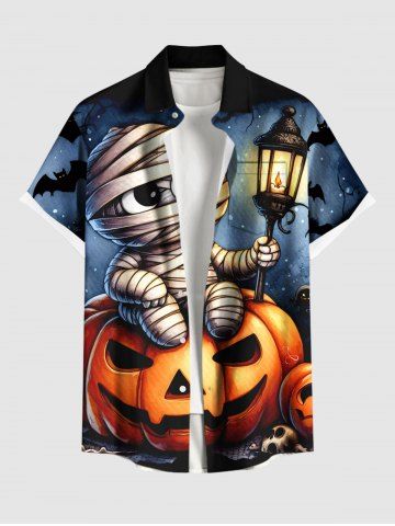 Plus Size Halloween Pumpkin Bat Mummy Baby Print Buttons Pocket Shirt For Men - BLACK - M
