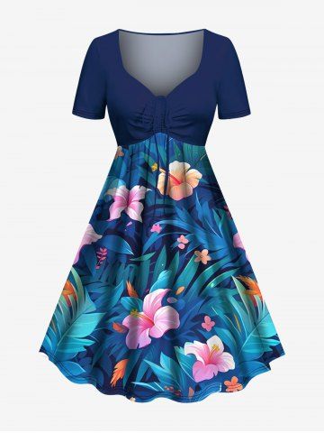 Plus Size Hibiscus Flowers Tropical Leaf Print Cinched Hawaii Dress - SKY BLUE - L
