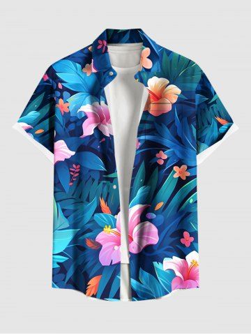 Plus Size Hibiscus Flowers Tropical Leaf Print Buttons Pocket Hawaii Shirt For Men - SKY BLUE - 5XL