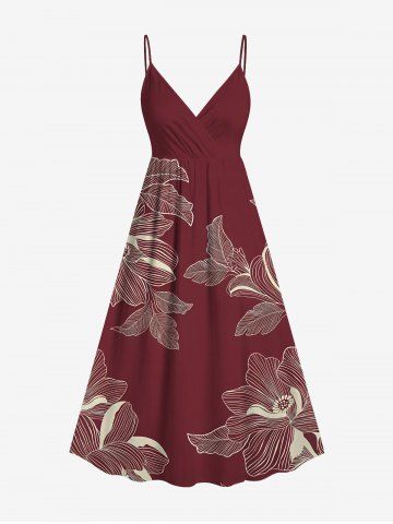 Plus Size Flowers Leaf Print Surplice Hawaii Cami Dress - BRICK RED - XS