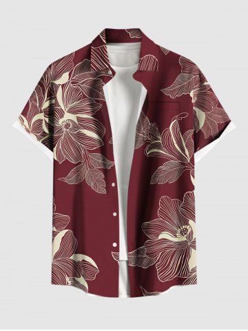 Plus Size Flowers Leaf Print Buttons Pocket Hawaii Shirt For Men - RED WINE - 5XL