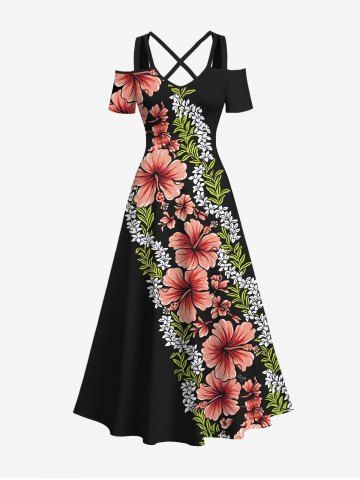 Plus Size Hibiscus Flowers Tropical Leaf Print Cold Shoulder Crisscross Hawaii Maxi Dress - BLACK - 4X