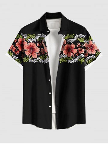 Plus Size Hibiscus Flowers Tropical Leaf Print Buttons Pocket Hawaii Shirt For Men - BLACK - 5XL