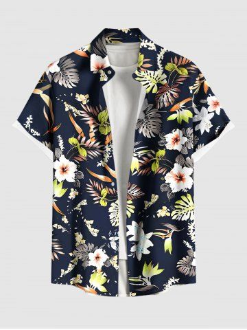 Plus Size Hibiscus Flowers Tropical Leaf Print Buttons Pocket Hawaii Shirt For Men - NAVY BLUE - 5XL