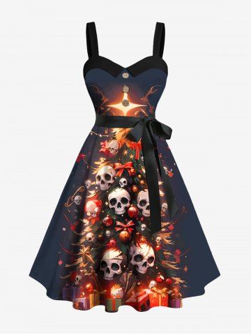 Plus Size Christmas Tree Skull Print Button A Line Dress with Removable Belt - BLACK - 3X