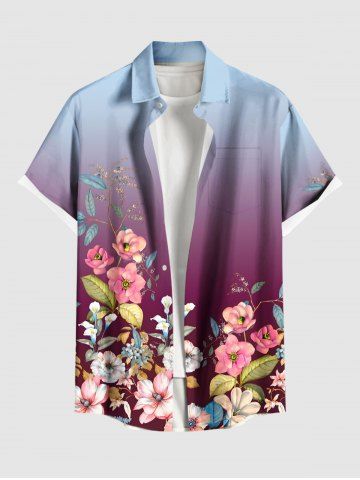 Plus Size Flower Leaf Branch Dip Dye Ombre Print Hawaii Button Pocket Shirt For Men - CONCORD - 5XL