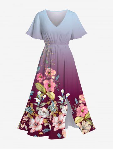 Plus Size Flower Leaf Branch Dip Dye Ombre Print Hawaii Split Pocket A Line Midi Dress - PURPLE - 4X