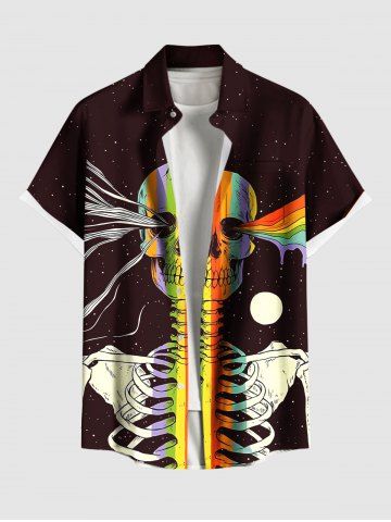 Plus Size Colorful Skeleton Galaxy Print Halloween Button Pocket Shirt For Men - DEEP RED - S