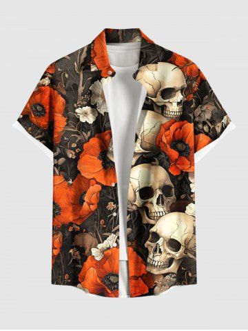 Plus Size Skull Flower Print Hawaii Button Pocket Shirt For Men - ORANGE - 6XL