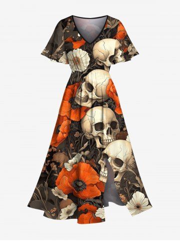Plus Size Skull Flower Print Hawaii Split Pocket A Line Midi Dress - ORANGE - 3X