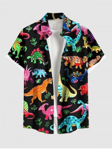 Plus Size Colorful Dinosaur Leaf Print Hawaii Button Pocket Shirt For Men - BLACK - S
