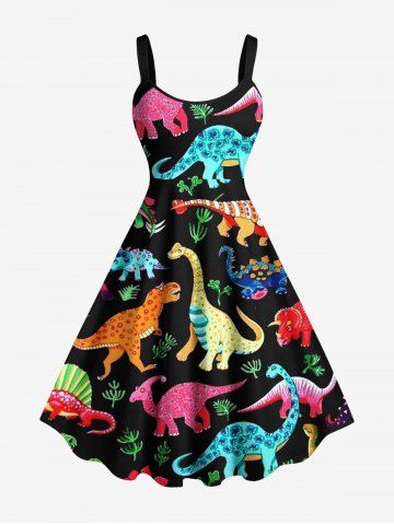 Plus Size Colorful Dinosaur Leaf Print Hawaii A Line Dress - BLACK - XXS