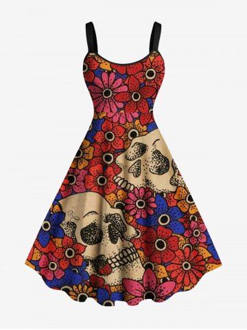 Plus Size Skull Flower Print Hawaii A Line Tank Dress - RED - 5X